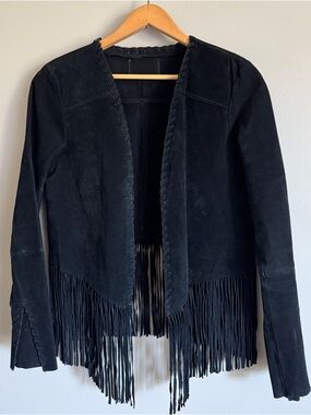 Vintage Black Suede Fringe Open-Front Jacket